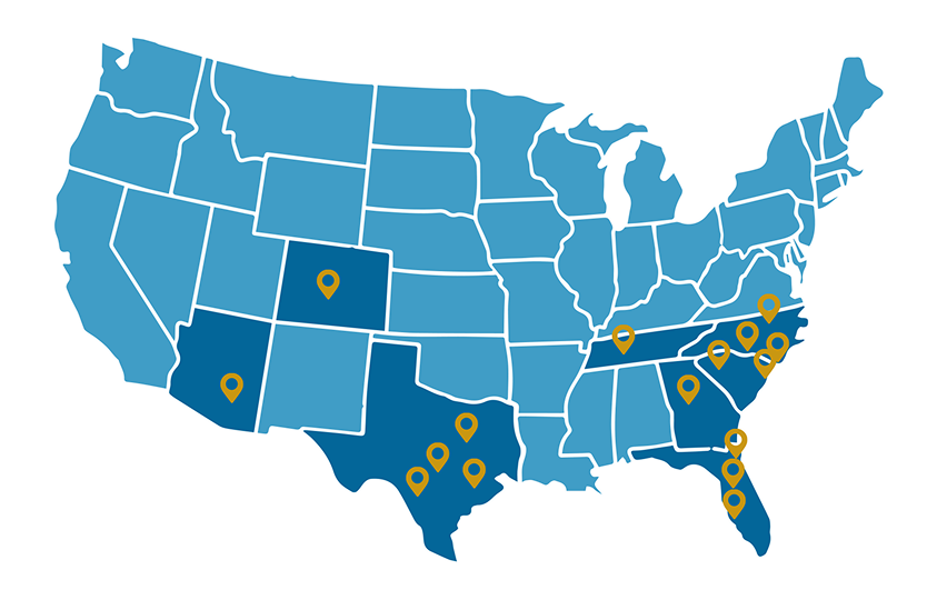 A map of the United States with pins representing the locations of DF Capital Management’s core markets